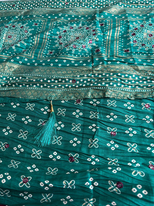 Chocolate Brown and Green Combination Mirror Work Patola Saree