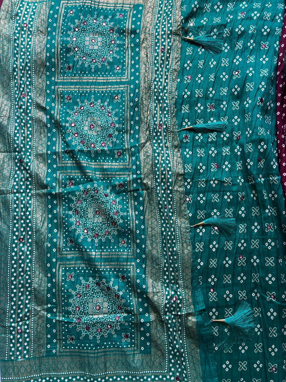 Chocolate Brown and Green Combination Mirror Work Patola Saree