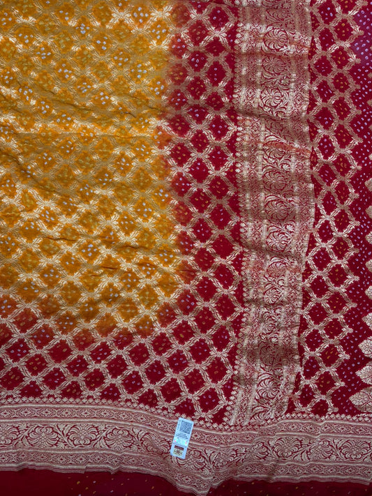 Dark yellow with deep red combination Khaddi Georgette Banarasi saree