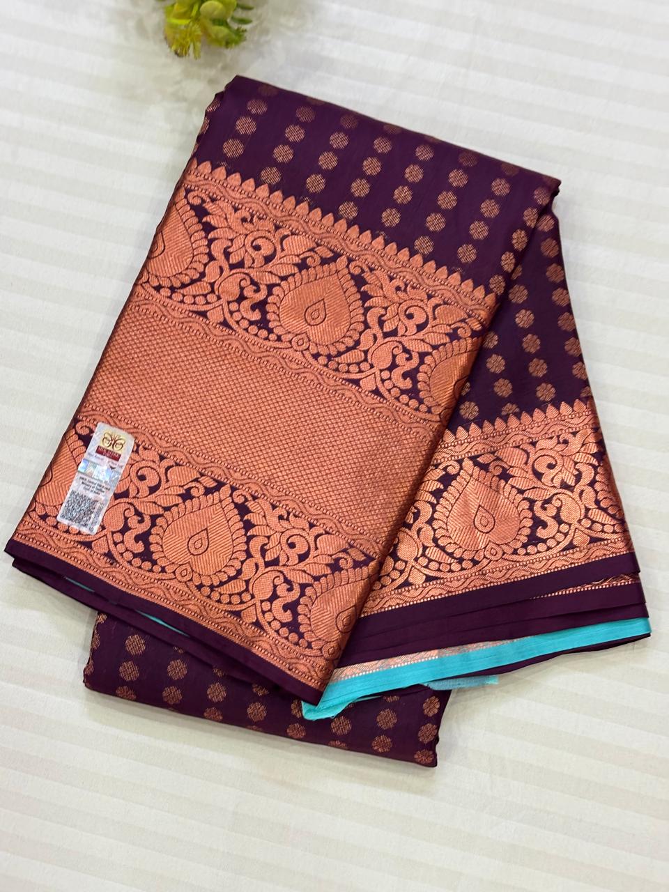 Dark Chocolate Pure Silk Saree with contrast Teal Blue Pallu