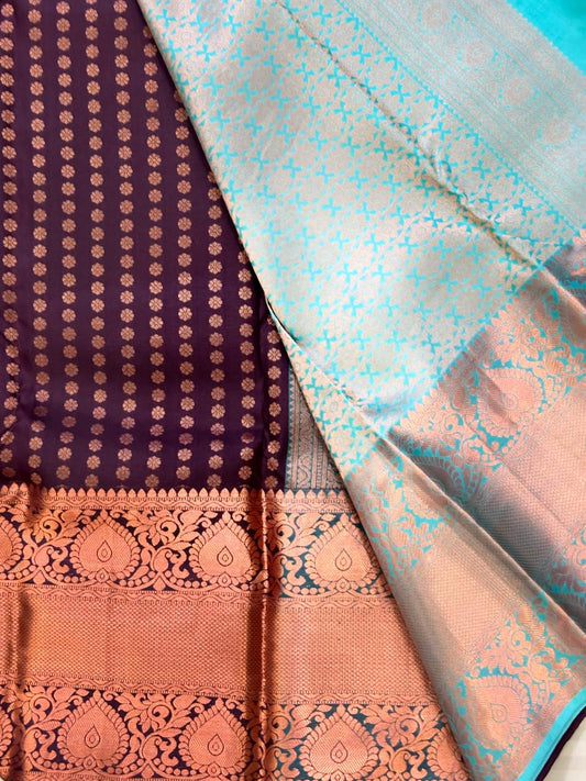 Dark Chocolate Pure Silk Saree with contrast Teal Blue Pallu