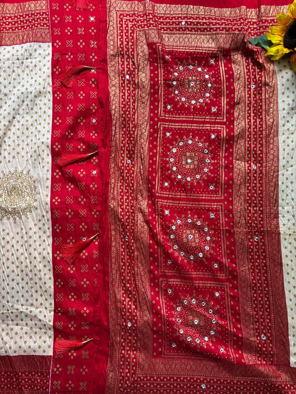 White and Red Combination Mirror Work Patola Saree