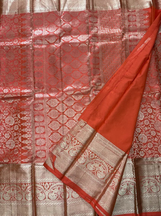 Bright Orange Pure Silk Saree with Big Silver Zari Border