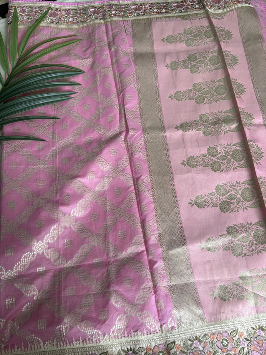Bubblegum Pink Embroidered Bordered Semi Silk Saree