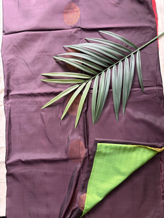 Dark Brownish Wine Semi Silk Saree with Contrast Green Blouse