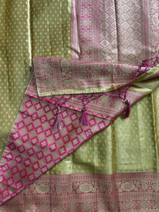 Premium Gold Tissue Saree with Pink Border