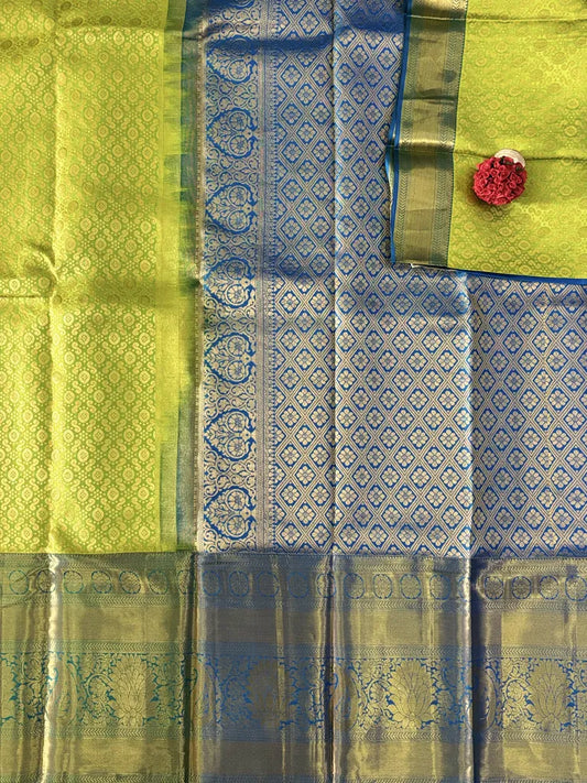 Neon Green with Blue Big Border Pure Silk Saree