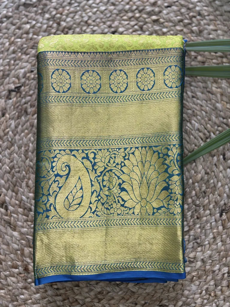 Neon Green with Blue Big Border Pure Silk Saree