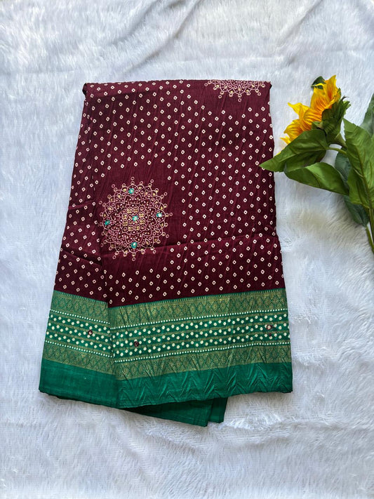 Chocolate Brown and Green Combination Mirror Work Patola Saree