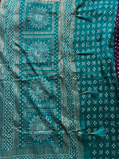 Chocolate Brown and Green Combination Mirror Work Patola Saree