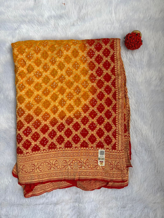 Dark yellow with deep red combination Khaddi Georgette Banarasi saree