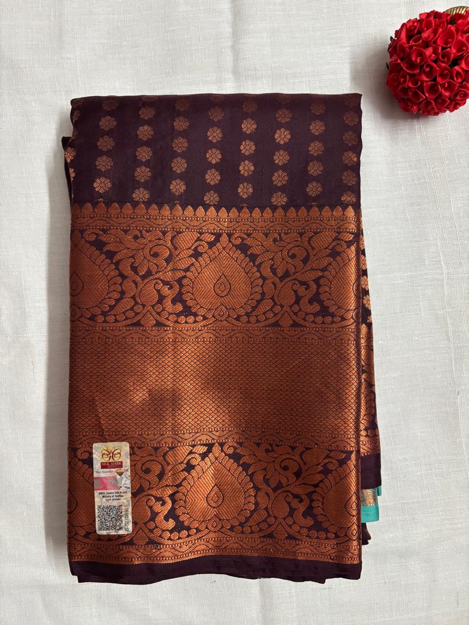 Dark Chocolate Pure Silk Saree with contrast Teal Blue Pallu