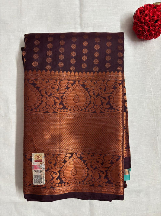Dark Chocolate Pure Silk Saree with contrast Teal Blue Pallu