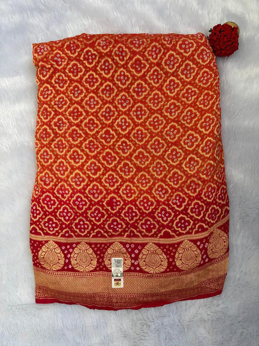 Deep Orange and Deep Red Combination Khaddi Georgette Banarasi Saree