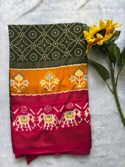 Green Yellow and Pink Combination Patola Saree