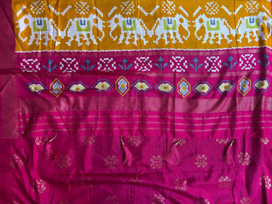 Green Yellow and Pink Combination Patola Saree