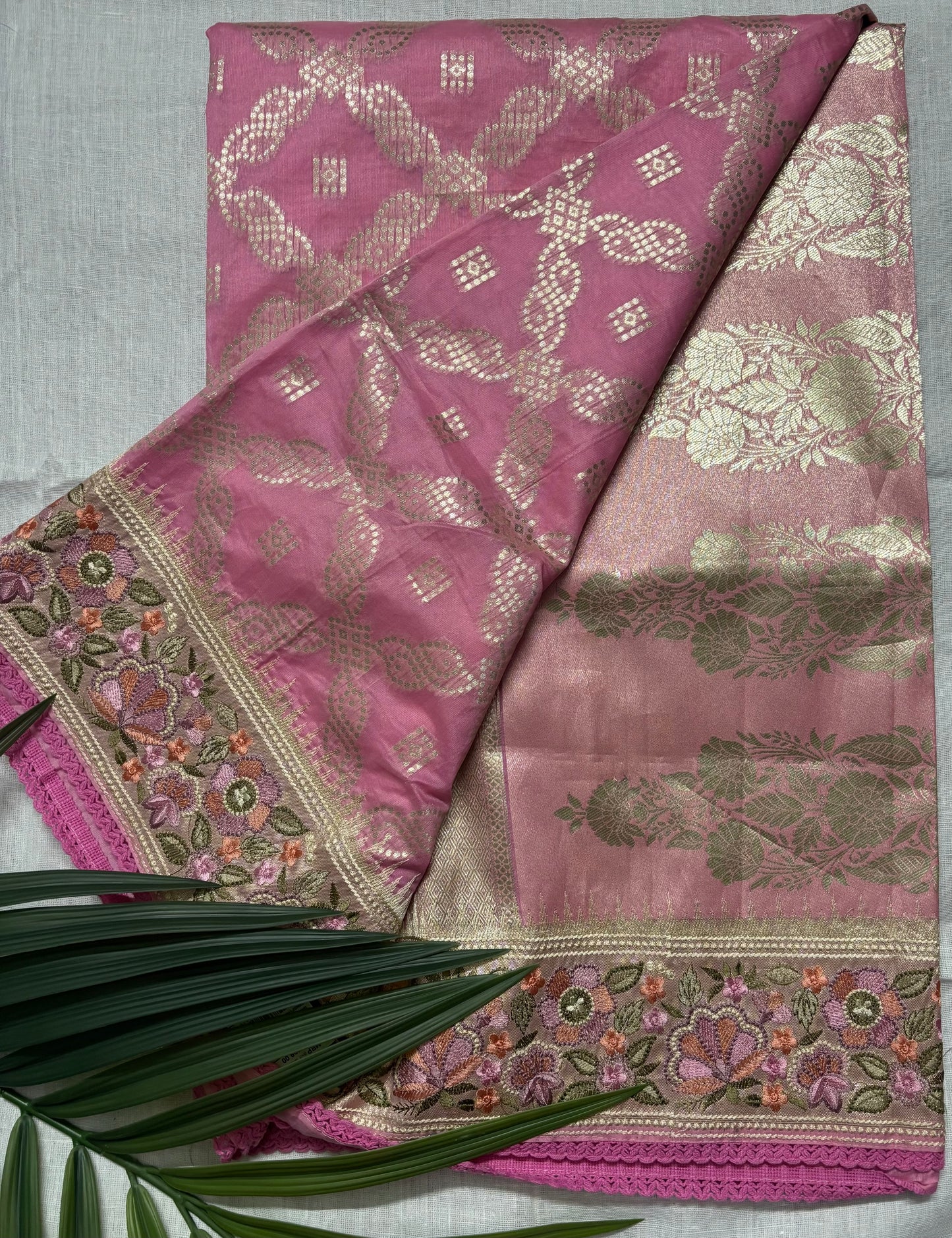 Bubblegum Pink Embroidered Bordered Semi Silk Saree