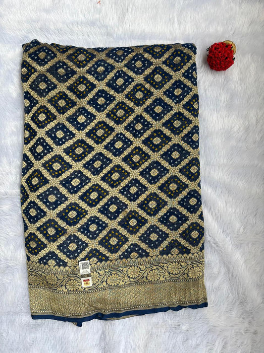 Navy Blue with Golden Zari Khaddi Georgette Banarasi Saree