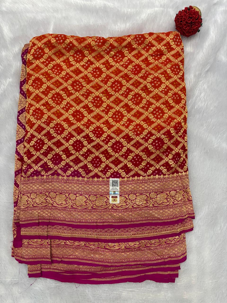 Orange and Purple with Golden Zari Khaddi Georgette Banarasi Saree