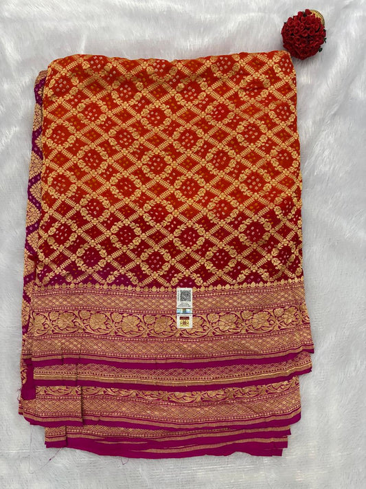 Orange and Purple with Golden Zari Khaddi Georgette Banarasi Saree