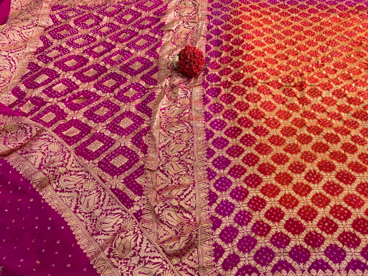 Orange and Purple with Golden Zari Khaddi Georgette Banarasi Saree