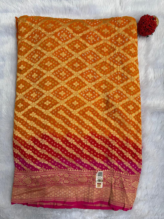 Orange,red and pink combination khaddi georgette Banarasi saree