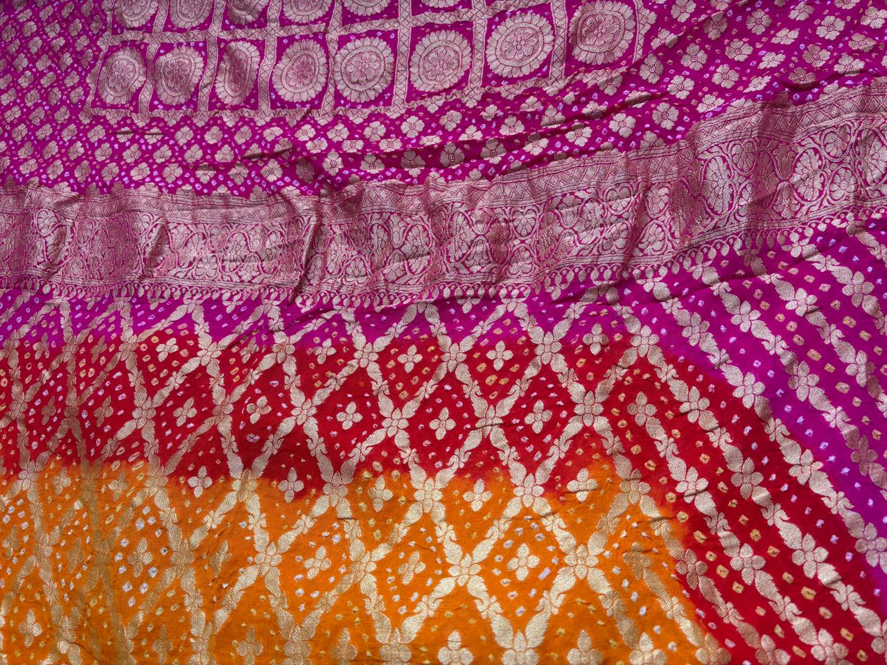 Orange,red and pink combination khaddi georgette Banarasi saree