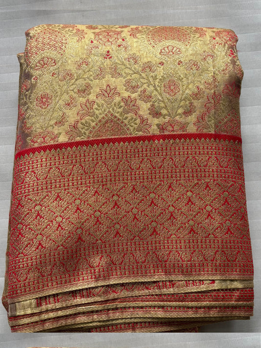 Premium Gold Tissue Silk Saree with Pink Border