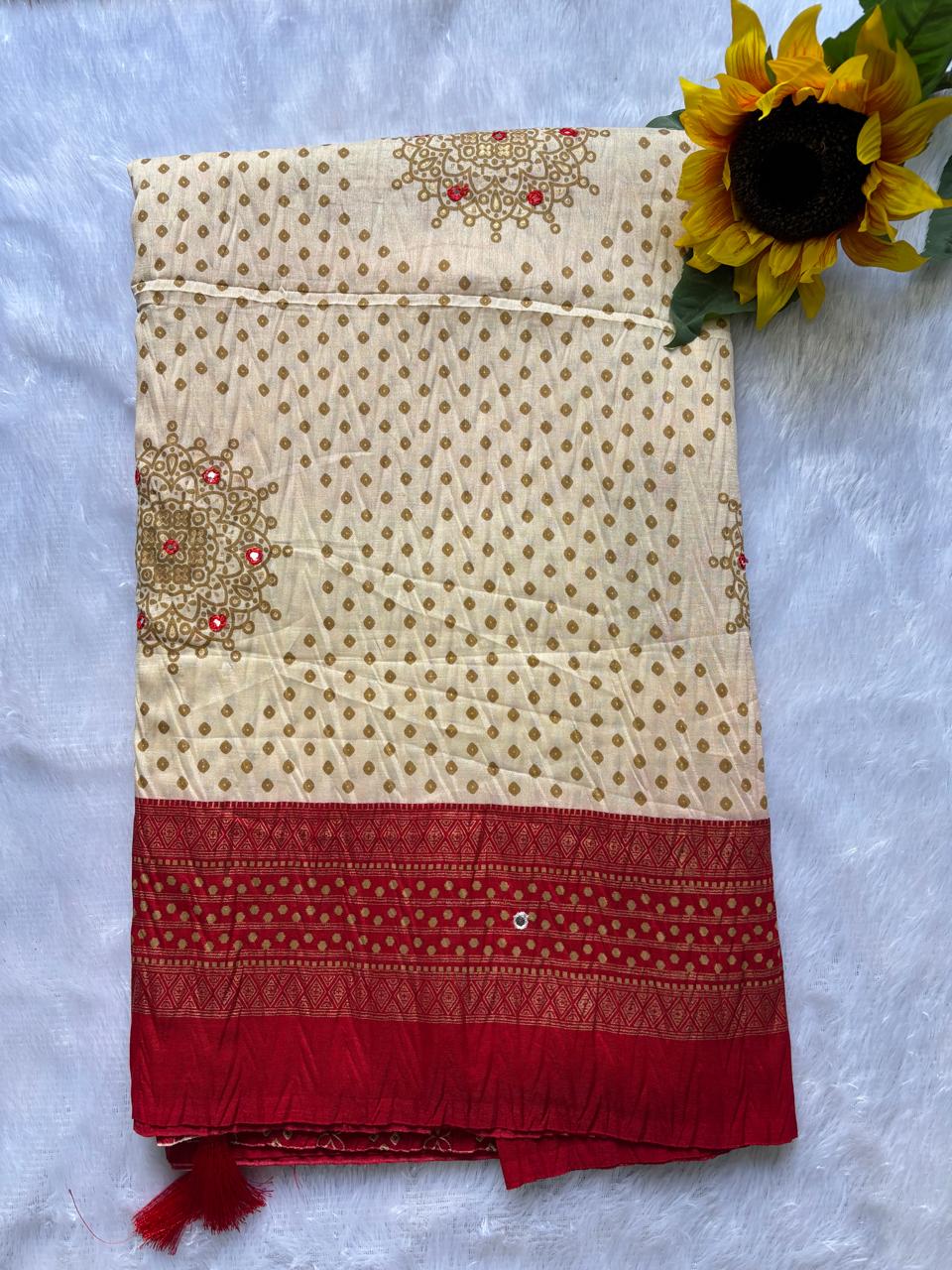 White and Red Combination Mirror Work Patola Saree