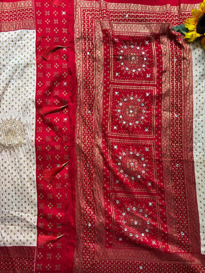 White and Red Combination Mirror Work Patola Saree