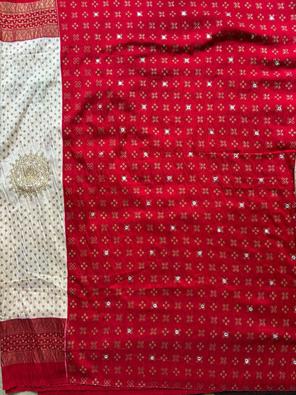 White and Red Combination Mirror Work Patola Saree