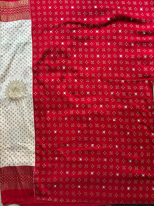 White and Red Combination Mirror Work Patola Saree