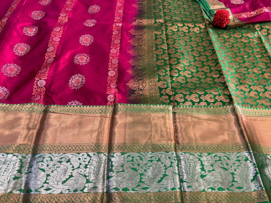 Rani Pink and Green combination Antique Zari Pure Silk Saree