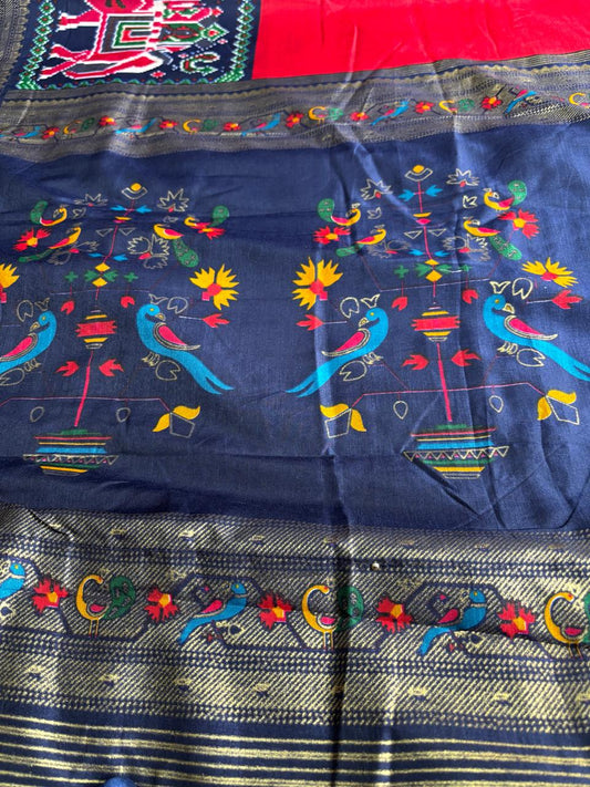 Sindoor Red and Navy Blue Combination Patola Saree