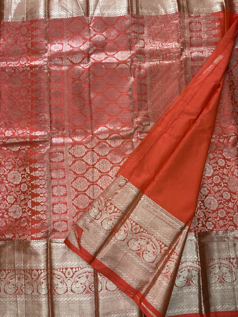 Bright Orange Pure Silk Saree with Big Silver Zari Border