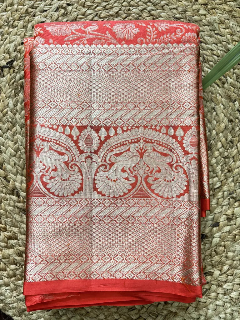 Bright Orange Pure Silk Saree with Big Silver Zari Border