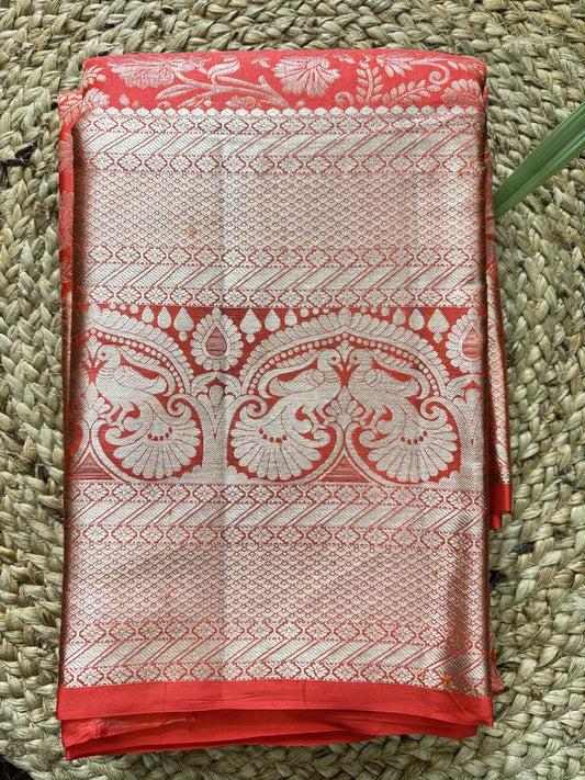 Bright Orange Pure Silk Saree with Big Silver Zari Border