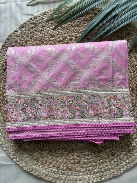 Bubblegum Pink Embroidered Bordered Semi Silk Saree
