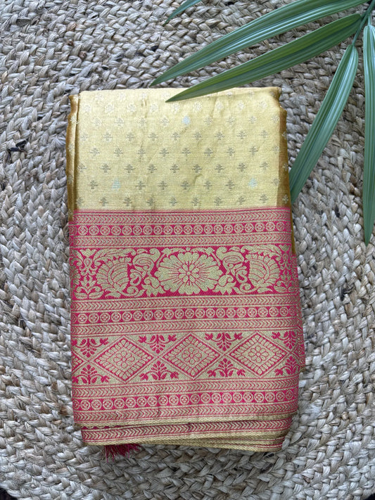Premium Gold Tissue Saree with Pink Border
