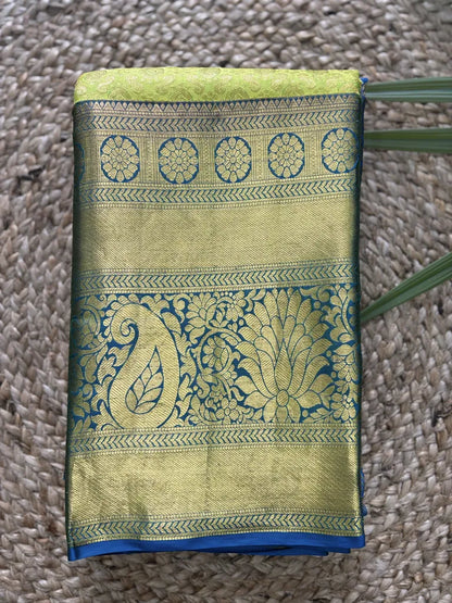 Neon Green with Blue Big Border Pure Silk Saree