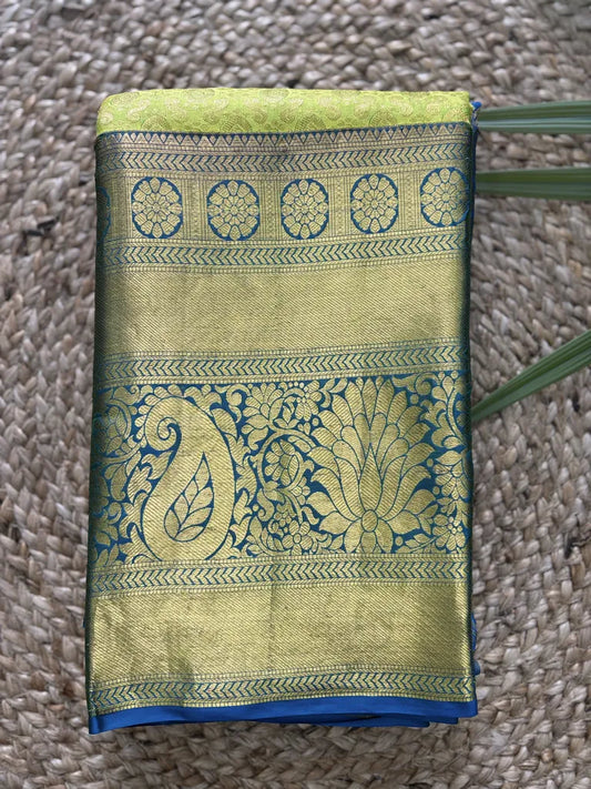 Neon Green with Blue Big Border Pure Silk Saree